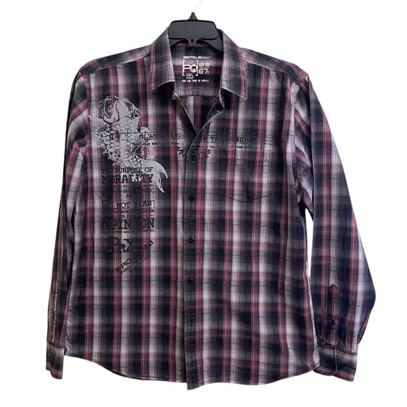 Projek Raw Shirt Mens XL Black Red Gray Plaid Graphic Button Up Long Sleeve - Picture 5 of 12